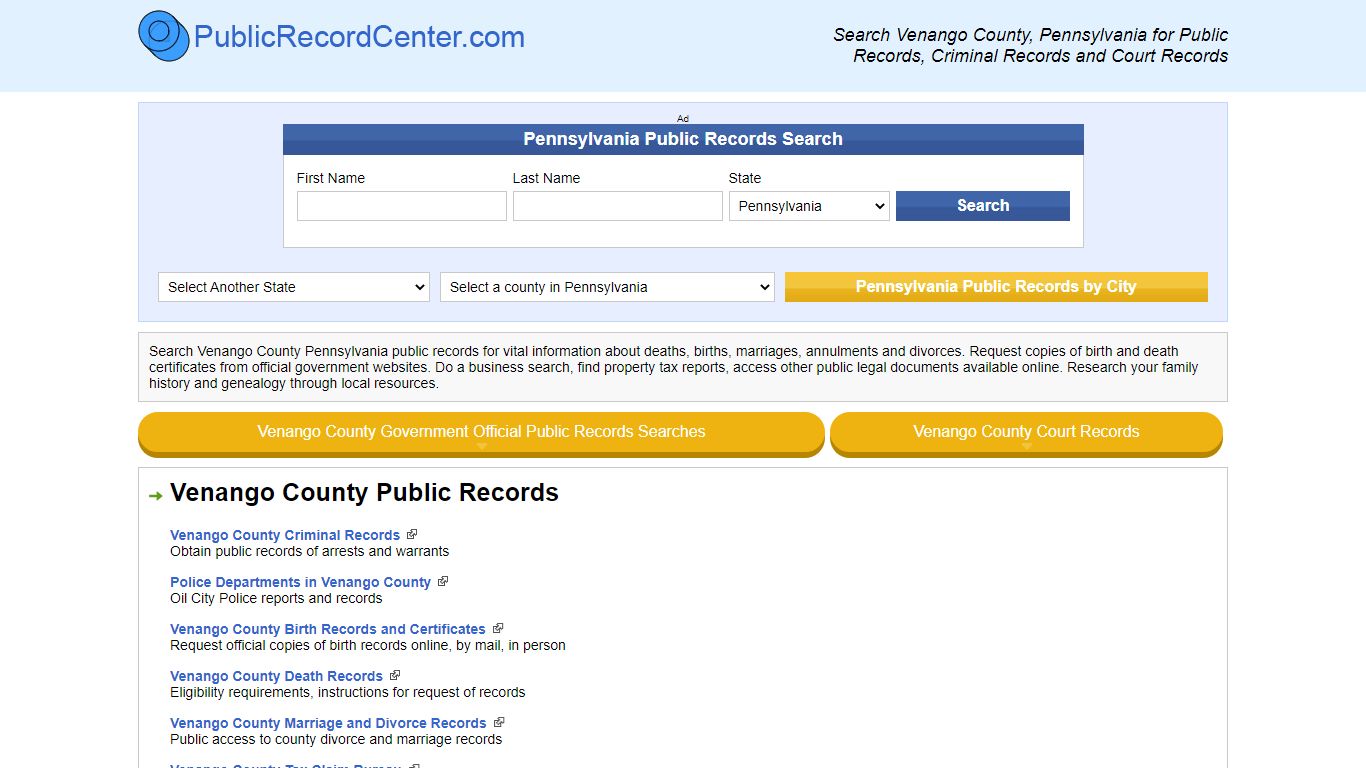 Venango County Pennsylvania Free Public Records - Court Records ...