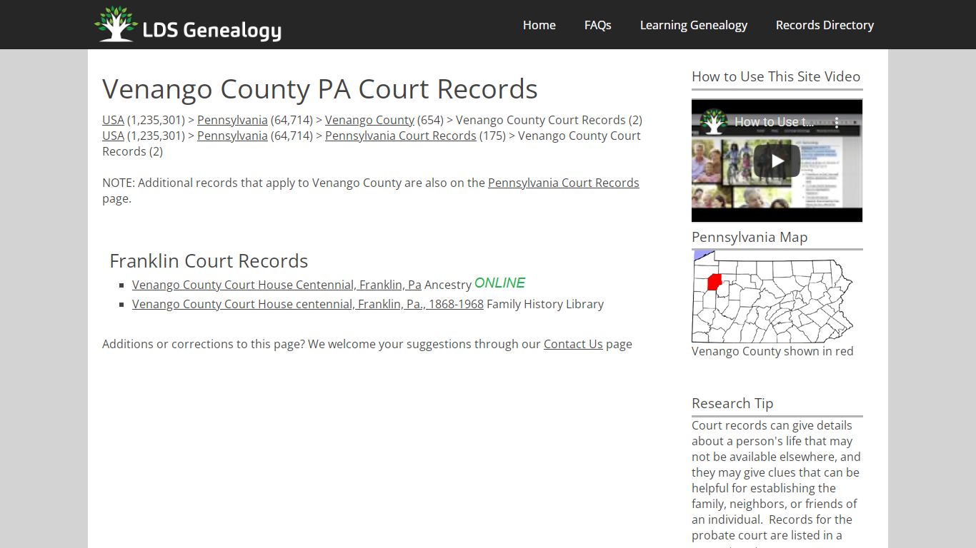 Venango County PA Court Records - LDS Genealogy